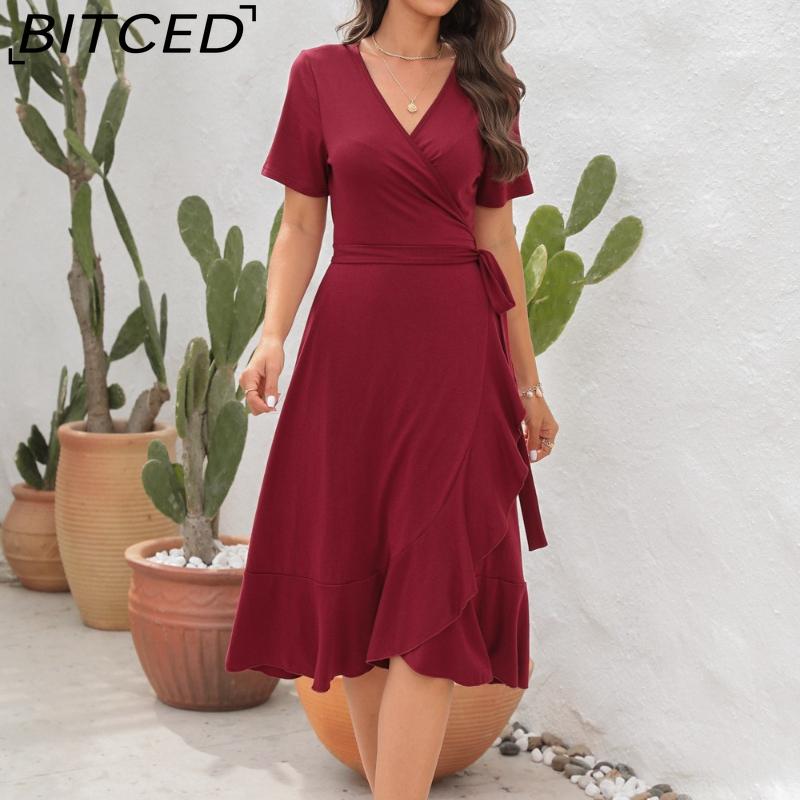 BITCED V-Neck High-Waisted Tie-Detail Dress Solid Color Long-Sleeve Short-Sleeve Dress Vacation Travel Dress