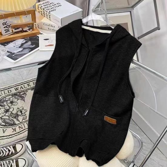 Unterhemd mit Strickjacke Ärmelloser Pullover mit Kapuze Große Größen Weste Damen Frühjahrs- und Herbstmodelle Sport und Freizeit Unifarben Außenbekleidung