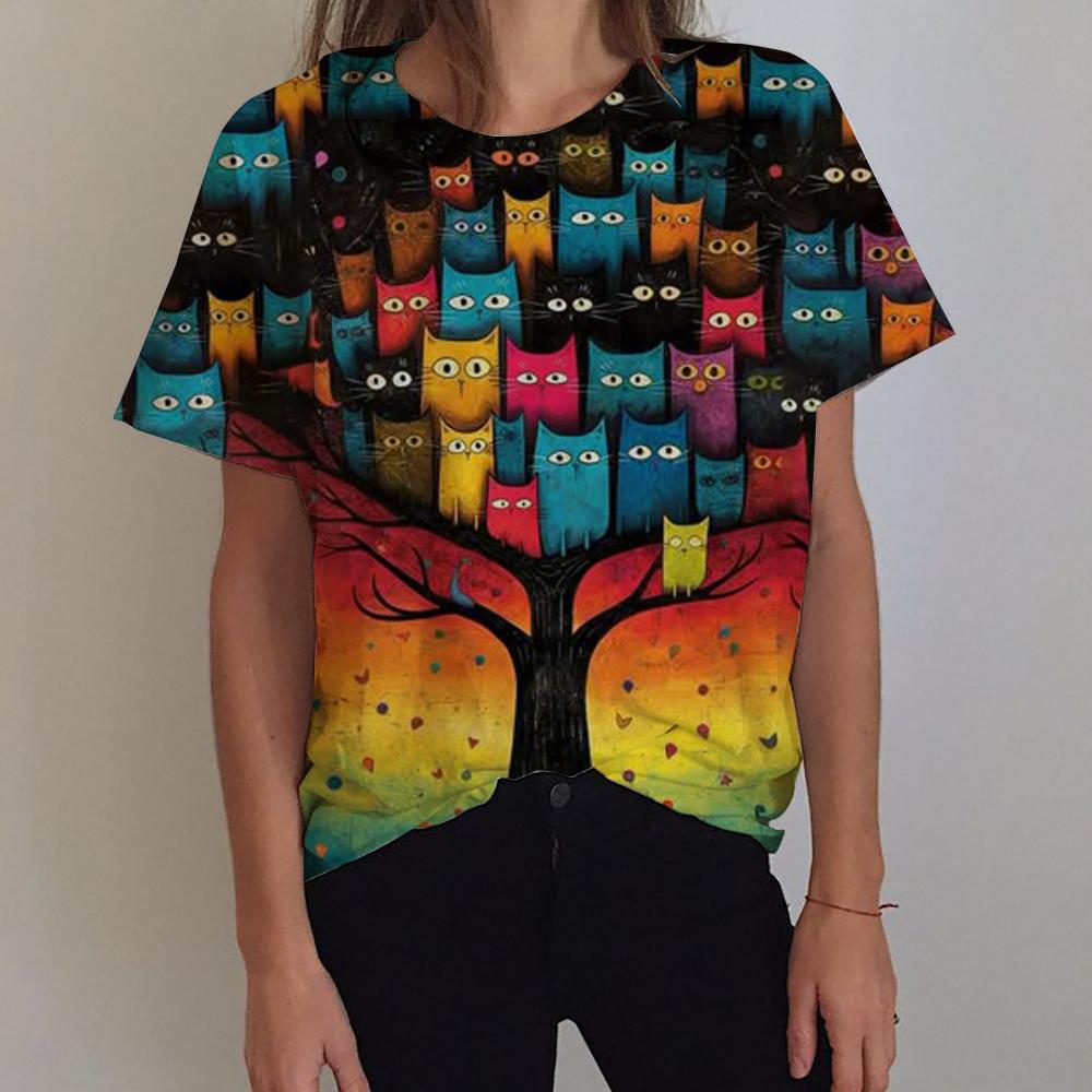3D Printed Women's Flower T-shirt with Cat Pattern Short Sleeve Summer Fashion Street Round Neck T-shirt Top Loose Harajuku T-sh