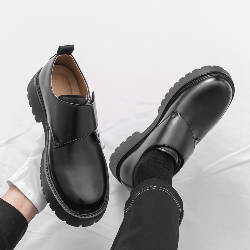 White Short Boots, Lazy One-pedal Thick-soled Inner Height-increasing Zipper, Big-headed Leather Shoes, Men's Loafers, Spring Round Head.