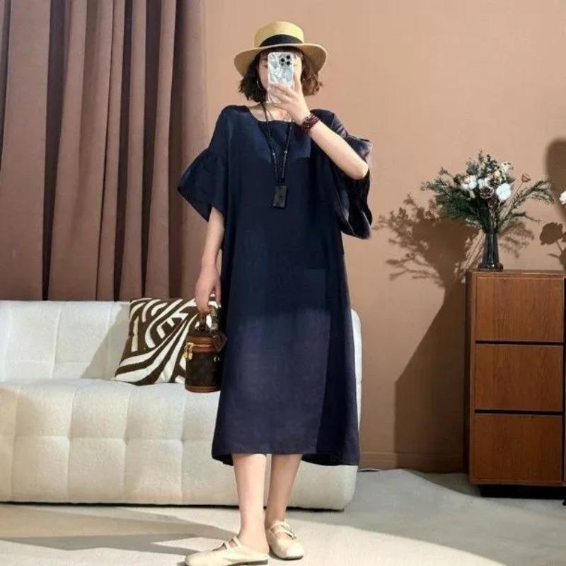 

Women Magenta Linen Loose Midi Dress, Flare Sleeve V Neck Casual Shift Dress, Breathable Summer Linen Dress for Ladies L темно-синий