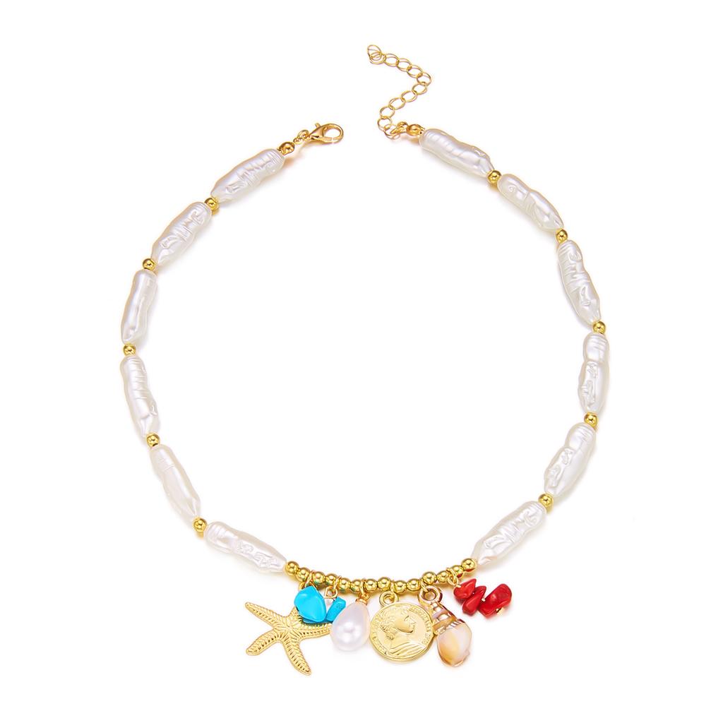 Women's Bohemian Necklace, Colorful Stone Starfish Necklace, Irregular Imitation Pearl Beaded Collarbone Chain