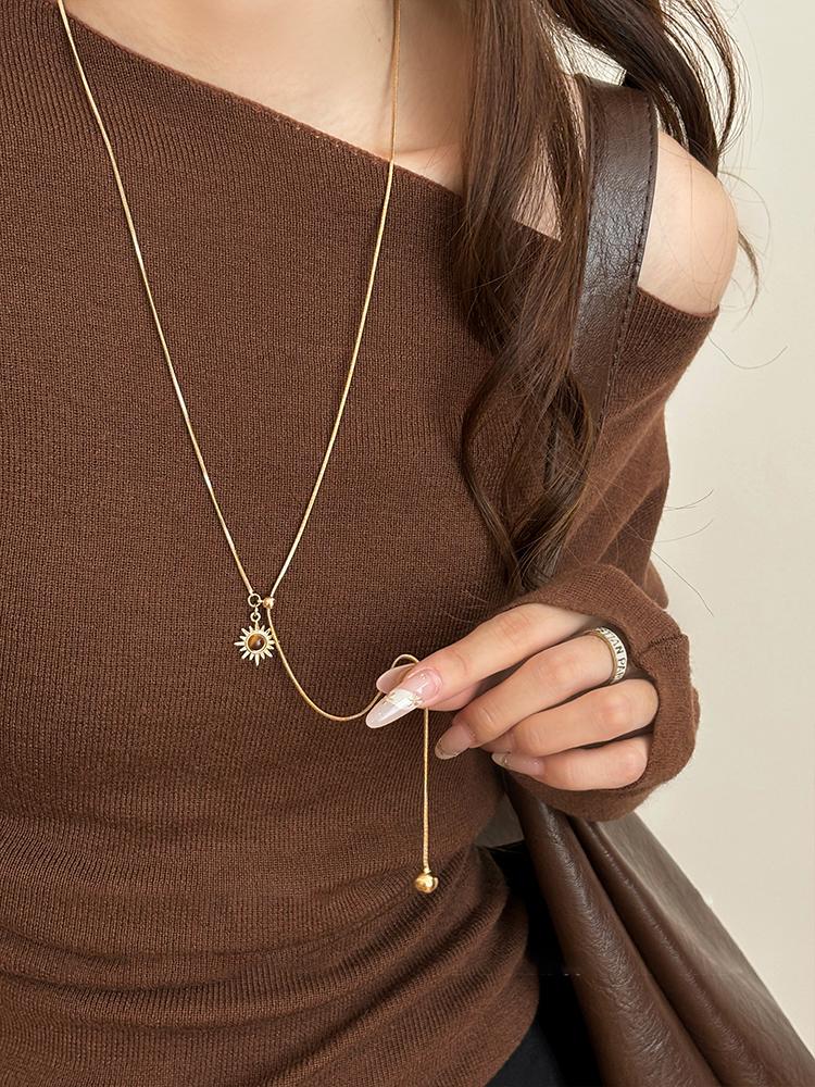 Geometric Retro Tiger Eye Stone Pendant Zipper Pull Long Necklace For Women's Autumn/Winter Sweater Chain Trendy Neck Jewelry