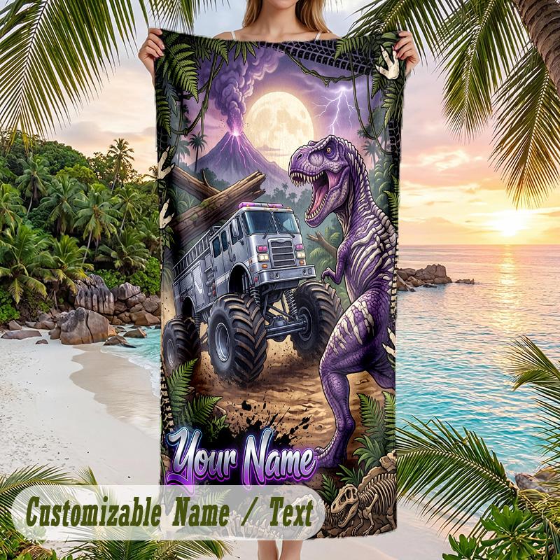Monster Truck Theme Beach Towel Personalized Custom Name & Text Soft Quick Dry Beach Towel for Swimming Travel