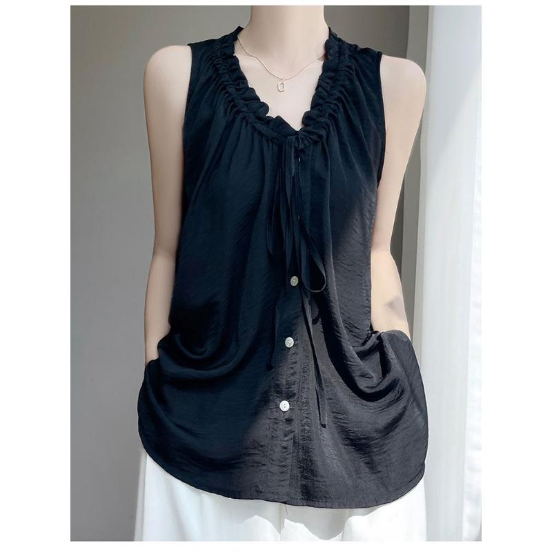 Summer New V-neck Drawstring All Match Korean Women's Top Elegant Sleep Loose Solid Color Comfortable Vest