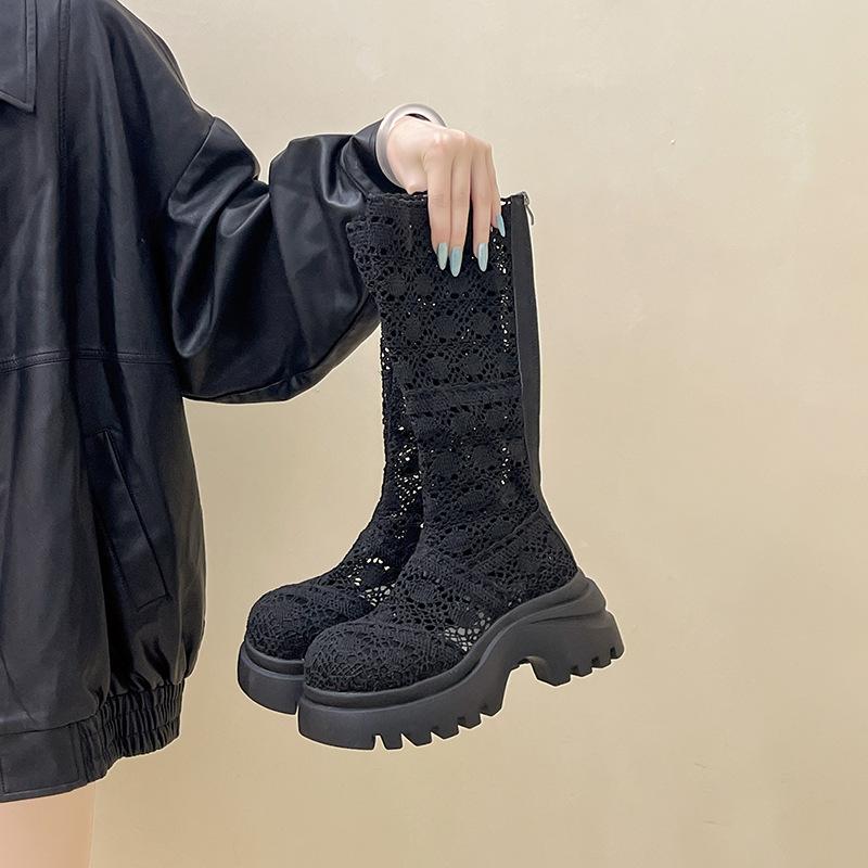 Hollow retro versatile thick-heeled thick-soled boots women's autumn fashion round-headed small thick-heeled high-heeled fashion boots