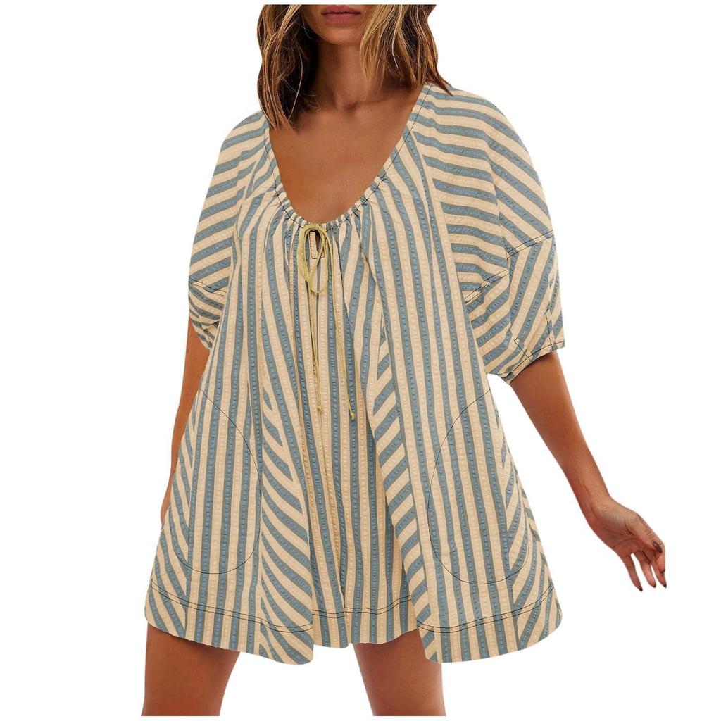 Summer Tshirt Rompers for Women,Casual Striped Puff Short Sleeve Rompers,Adjustable Neck Oversized Jumpsuit with Pockets