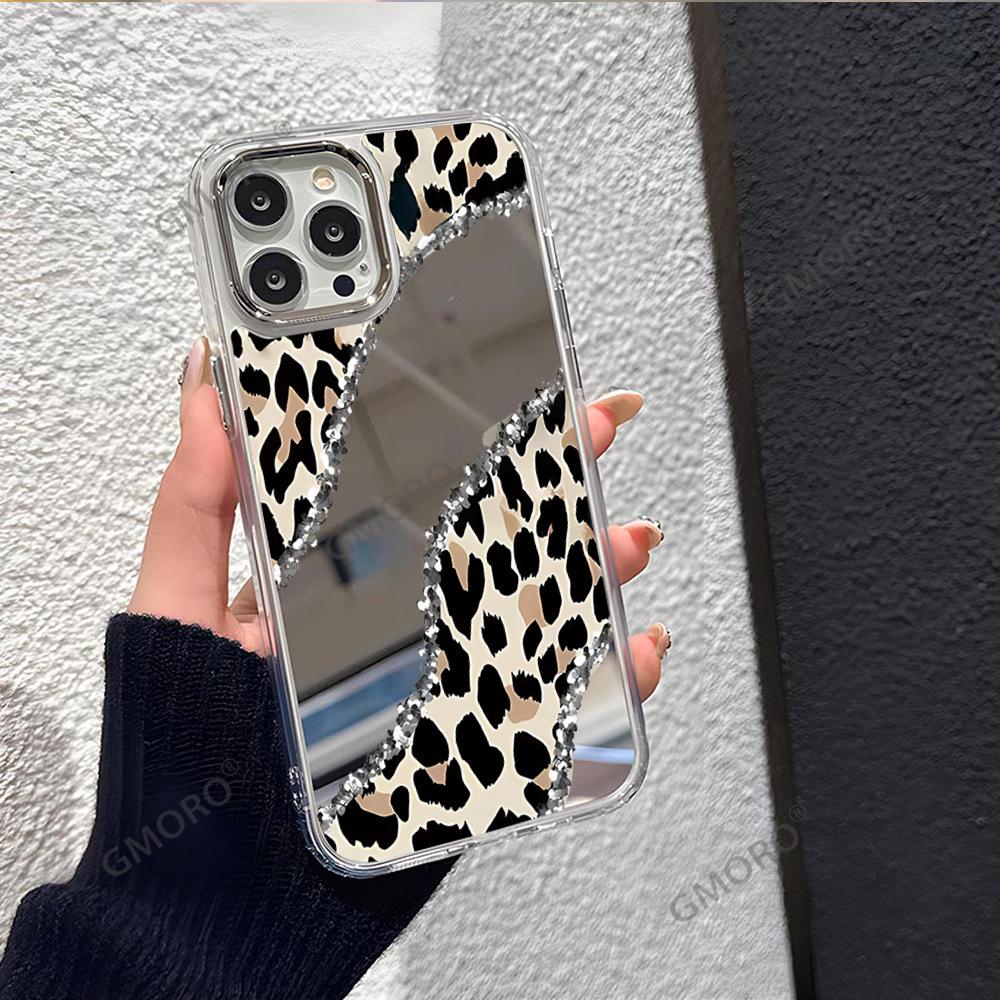 European and American broken diamond leopard print iphone17 mirror mobile phone case Apple 16promax advanced sense mirror mobile phone case 14