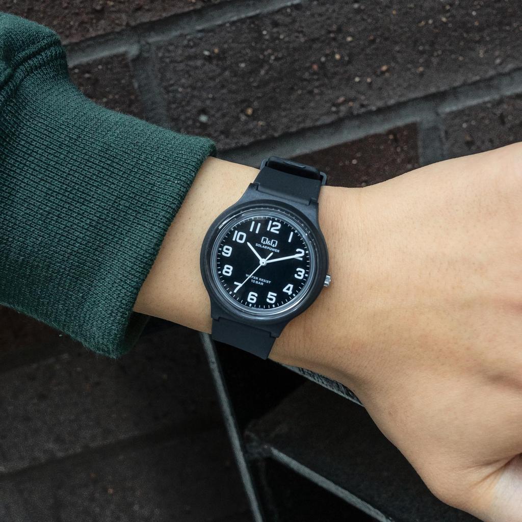 Citizen Analog Solar 10 ATM Water Urethane Q&Q Women's Watch, Powered, Resistant, Strap, E04A-001VK, Black/Black