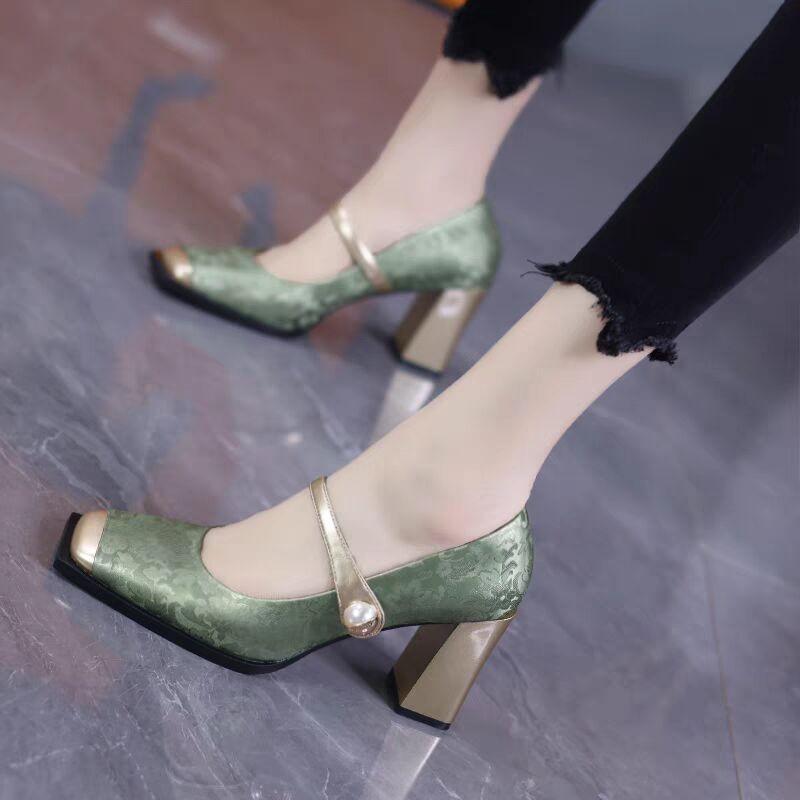2025 Fashionable Spring and Autumn Versatile Women's High-heeled Shoes with Color Matching Thick Heel Square Toe Women's Shoes