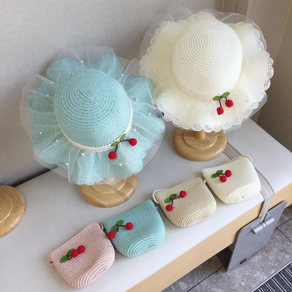 Kids Summer Beach Straw Hat Wide Brim Sun Protection Cap with Simple Lace and Cherry Decoration for Girls Outdoor Travel