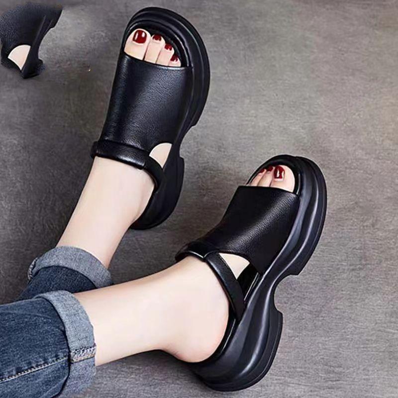 Summer new muffin thick bottom outer wear fish mouth slippers retro soft bottom outdoor simple cool slippers women's slippers