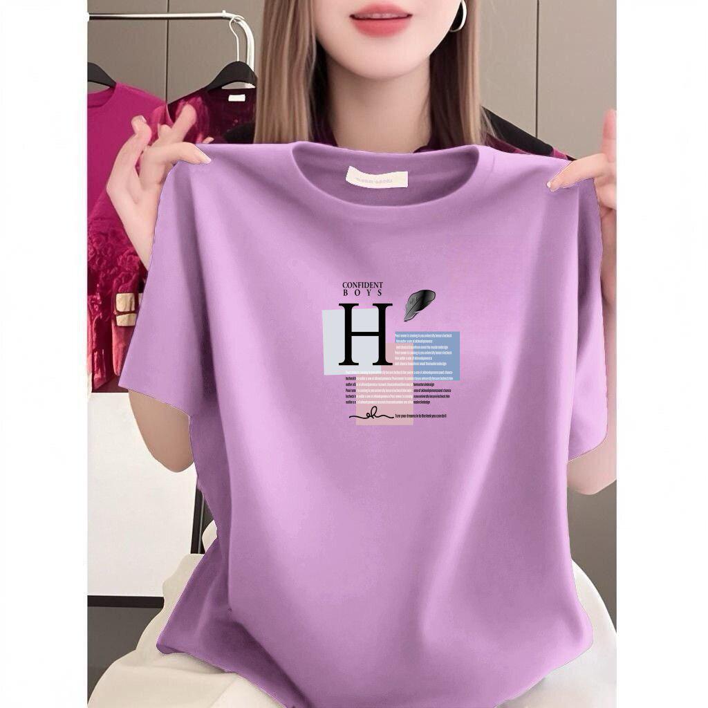 Women's Black Short-Sleeve Summer T-Shirt - Loose Fit, Slimming, Letter Print, Age-Reducing