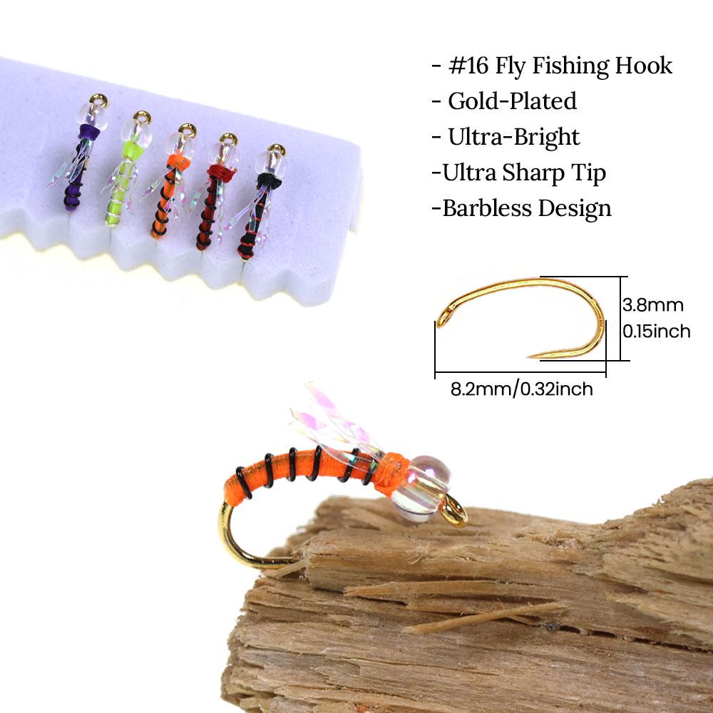 10 PIÈCES Nymphe Standard Midge pour la Pêche à la Mouche, Motif Truite pour Toute l'Année, Hameçon Doré sans Ardillon #16, Leurres d'Eau Douce pour la Pêche à la Mouche