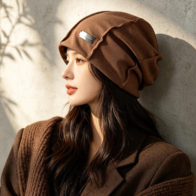 Street niche ins show face small plain pile hat spring and autumn versatile temperament fashion bag head knitted cold hat