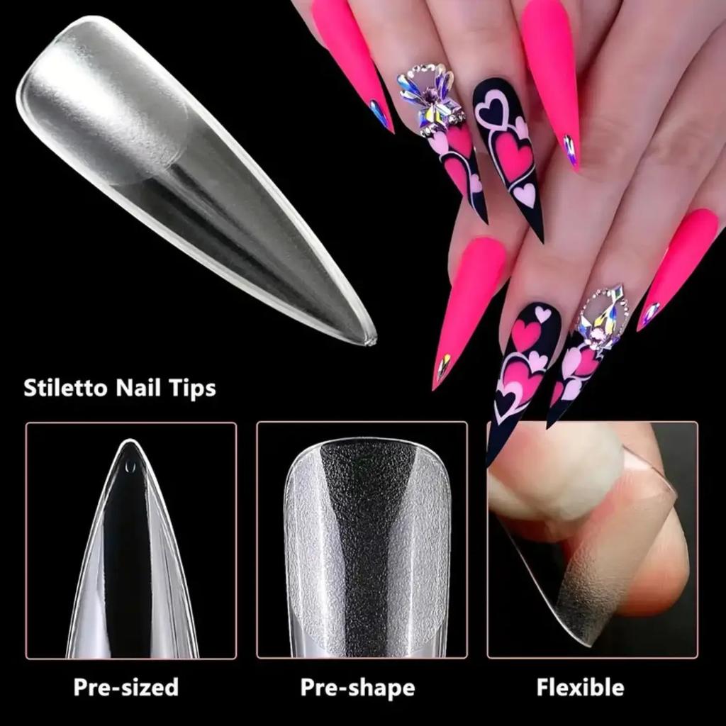 240Pcs XL Stiletto Nail Tips Clear Fake Nails Extra Long Stiletto Nail Full Cover Artificial Fingernail Extension Tool