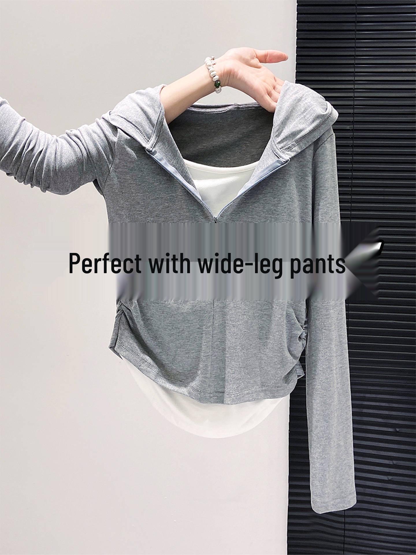 

Женский осенний худи на молнии до середины груди, приталенный, многослойный топ с длинным рукавом Large светло-серый