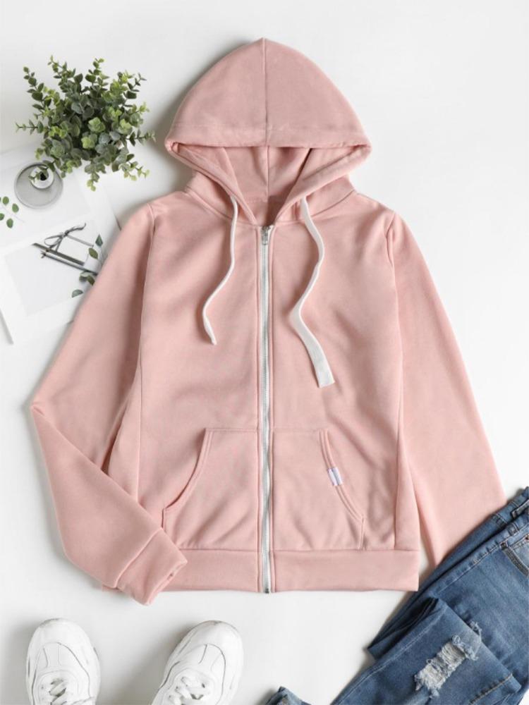 Women's Casual Solid Color Sports Hooded Zipper Jacket Sweatshirt Cardigan Top