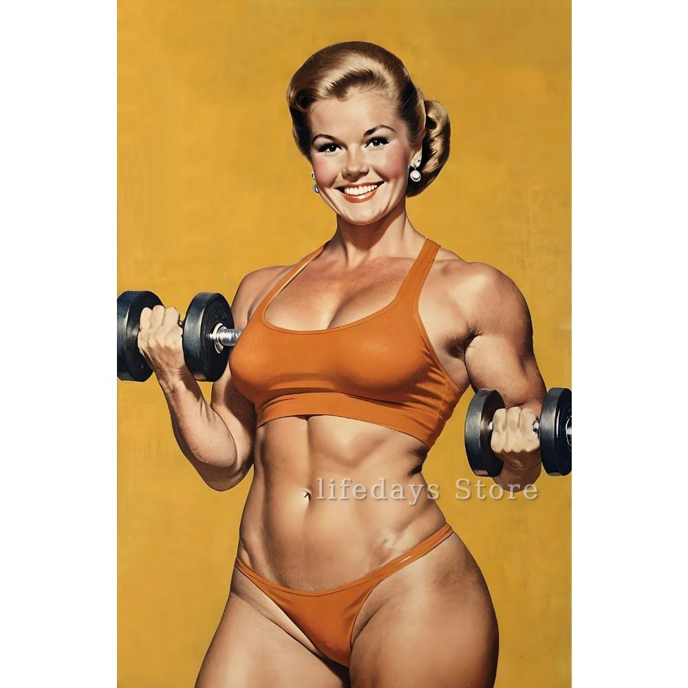 Poster and Print Canvas Painting Body Building Weightlifting Wall Art Picture for Gym Room Decor Retro Girl Exercise Fitness