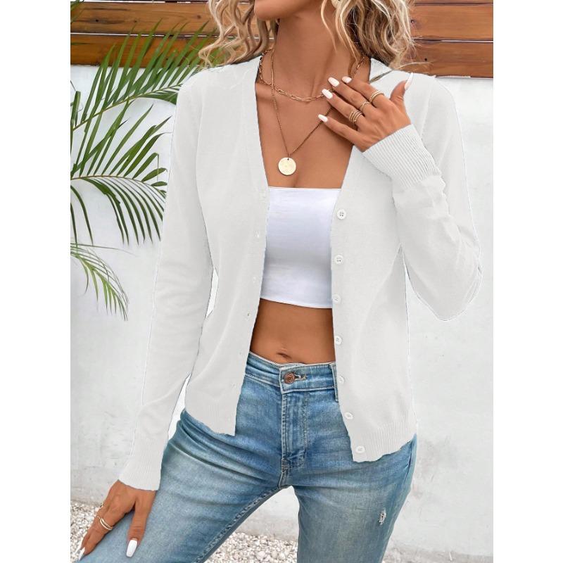 

Women Solid Color V Neck Button Down Knit Cardigan Casual Long Sleeve Sweater S білий