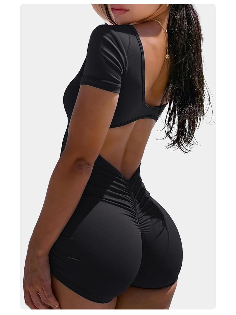 Damen Quick-Dry Yoga-Jumpsuit mit quadratischem Ausschnitt, kurzen Ärmeln & Cut-Out am Rücken