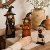 Vintage Style Witch Statue for Shelf Wooden Ornament, Retro Halloween Figurine with Broom/Pumpkin/Black Spooky Party Table Centerpieces Cat, Creative