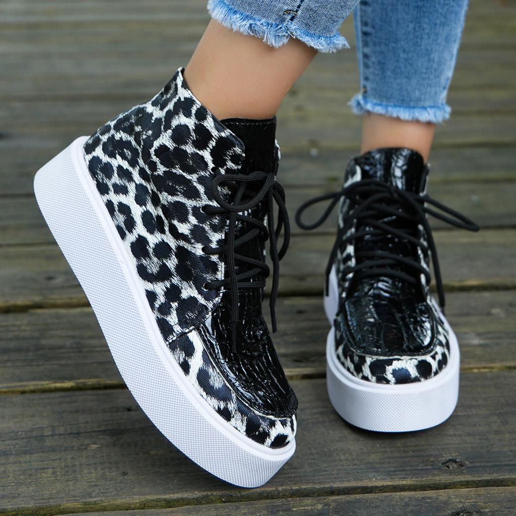 Autumn New Leopard Print Large Size Platform High-top Single Shoes Casual Lace-up Board Shoes