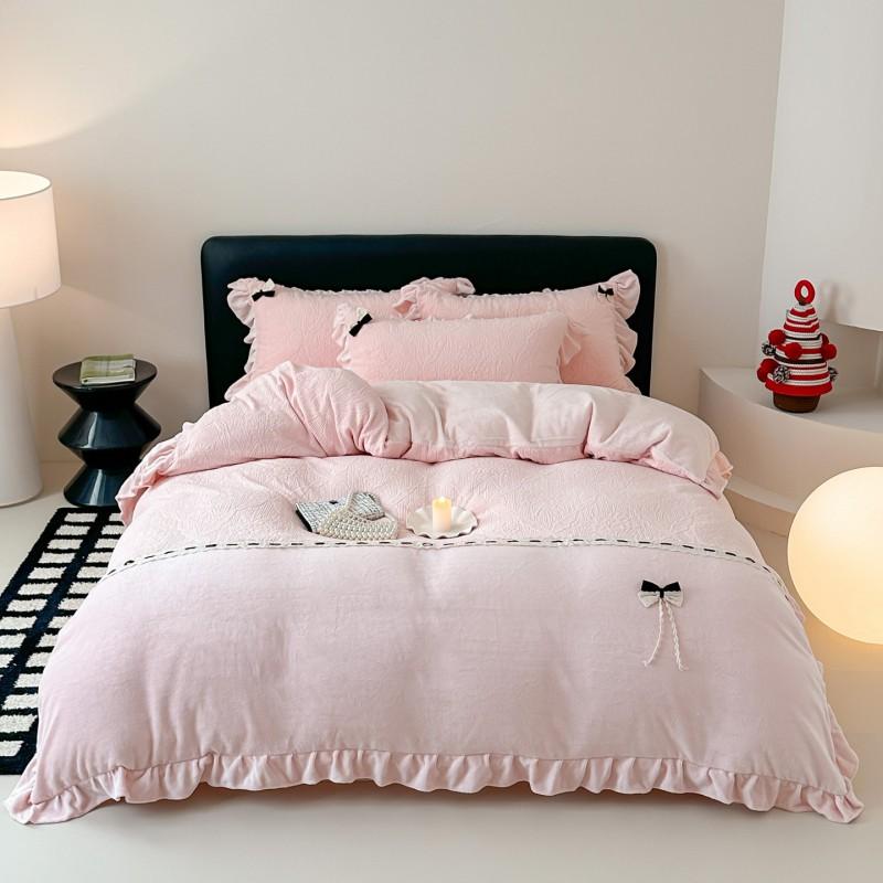 Korean Style Milk Fleece Bedding Set Lace Trim Bow Decor Thick Warm Anti-Static