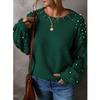 Suéter Oversize de Punto con Cuello Redondo y Manga Larga para Mujer, Top Pulóver de Punto con Perlas