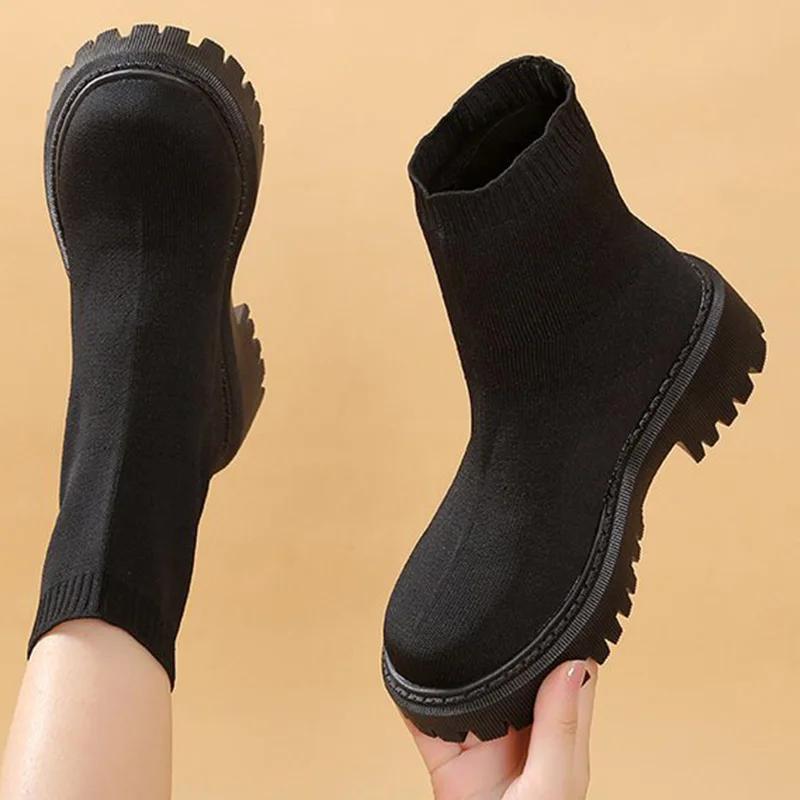 SyfIyno Neue Socken Schuhe Frau Stretchstoff Mid-Calf Lässige Plateau-Stiefel Netzrot Gestrickte Kurze Stiefel Damen Übergröße Stiefeletten