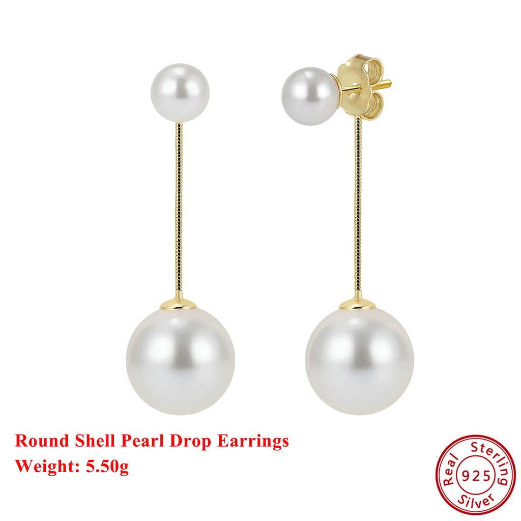 Effie Queen 100% 925 Sterling Silver 14k Gold Two Round Shell Pearl Drop Earrings Beach Jewelry for Women Summer Beach Ear PSE04
