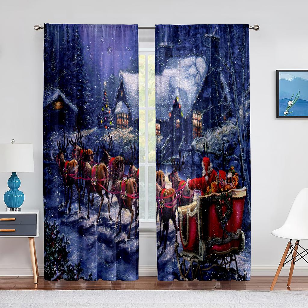 Christmas Scenery Santa Delivering Presents Sheer Voile Curtain Elk Window Tulle Curtains for Living Room Kitchen Bedroom Decor