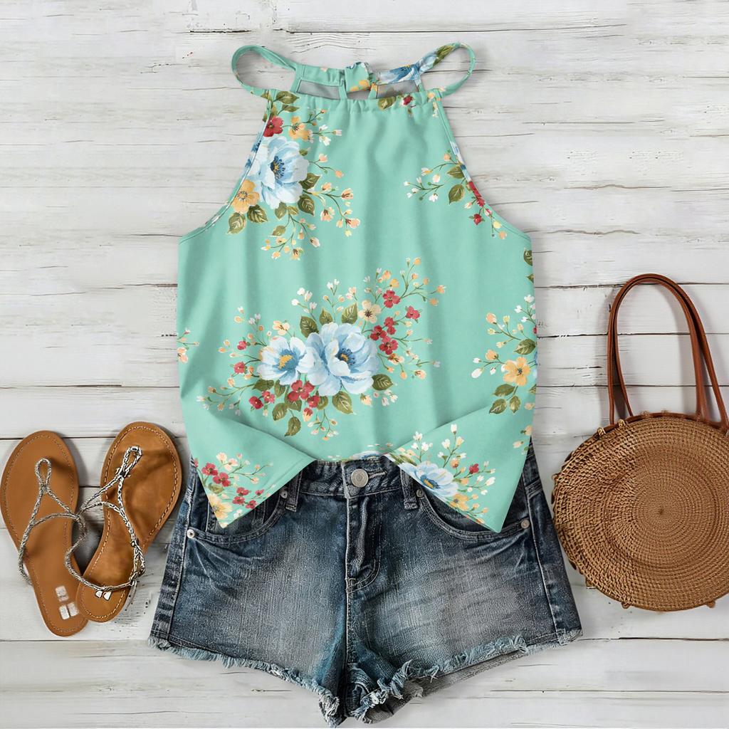 Damen ärmelloses Boho-Tanktop mit Blumendruck Verstellbarer Träger Lässige Sommerbluse Leicht Lockerer Schnitt