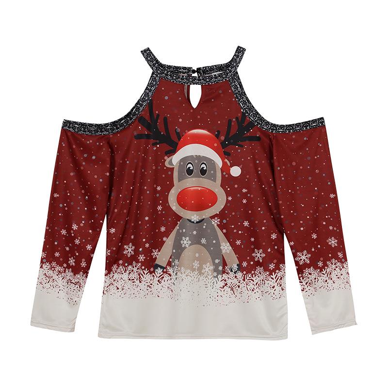 2023 European Christmas Reindeer Off-Shoulder Long Sleeve Top: Women's Casual Fashion