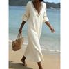 Summer V Neck Half Sleeve Loose Beach Holiday Dress Women Fashion Lace Patchwork Solid Color Party Dresses Women Midi Dress