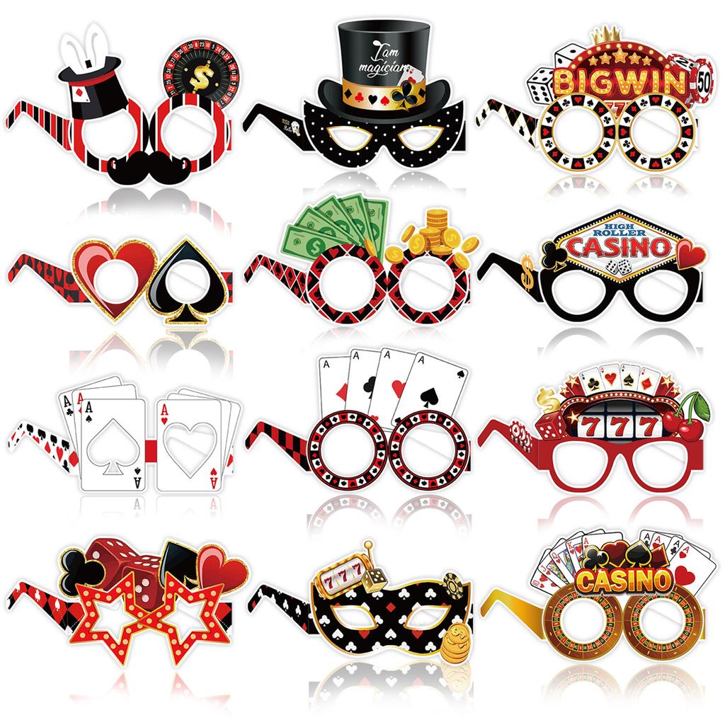 12Pcs Las Vegas Casino Theme Poker Card Paper Eyeglasses Photo Props for Adults Birthday Game Night Retirement Party Decoration