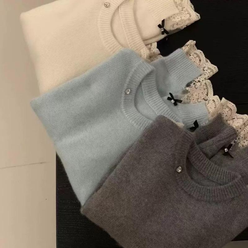 Korean Fashion Sweet Lace Splicing Knitted Pullover Sweater Women Autumn Winter Sweet Bottoming Top Fashion Basic Elegant Loose Solid Color Clothing