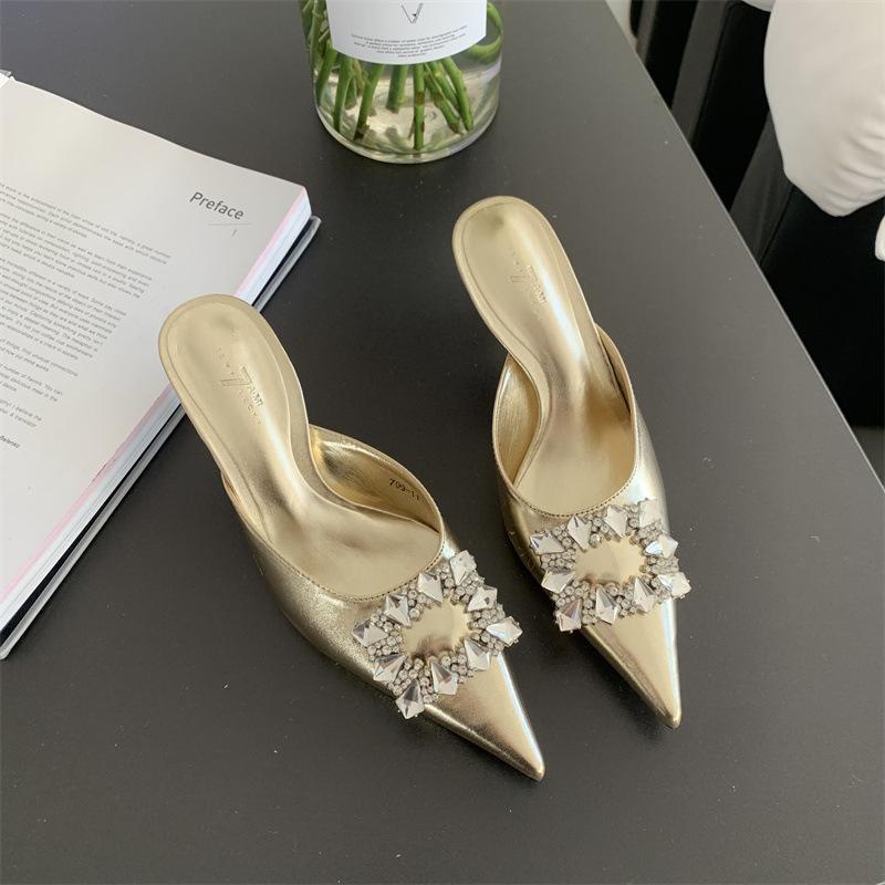 French High Heeled Design Bag Head Half Slippers Square Buckle Rhinestone Outer Wear Pointed Thin Heel Spring And Summer Half Support Single Shoes