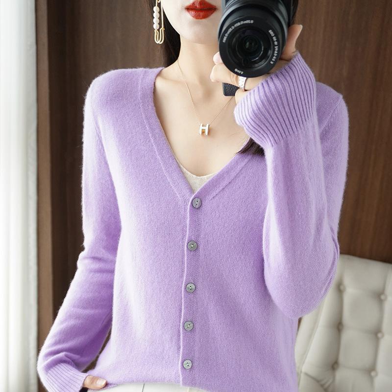 Suéteres de punto de lana de manga larga con cuello en V y estampado de colores sólidos para otoño e invierno para mujer