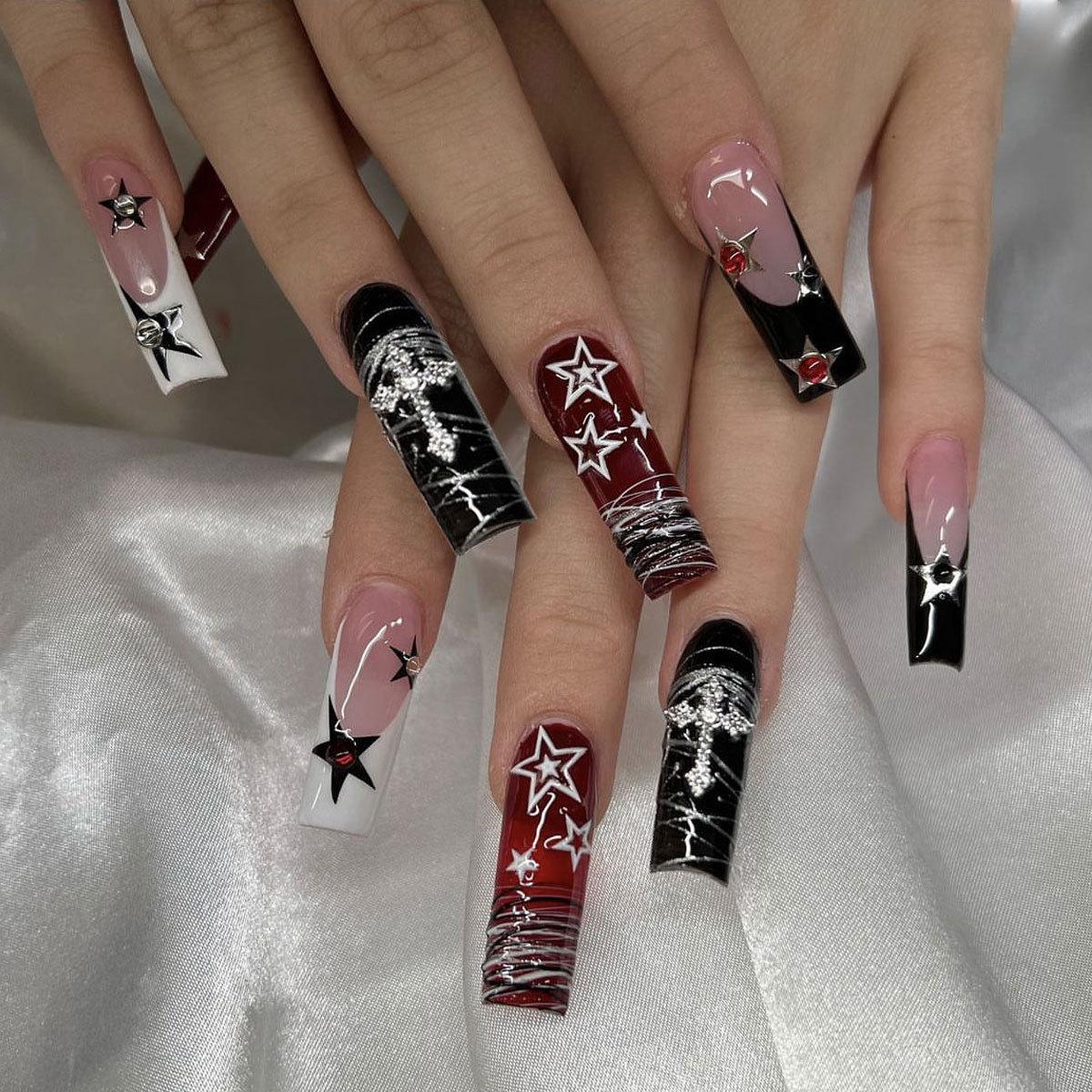 

Long Irregular Coffin Nails with French Gradient and Star Particles