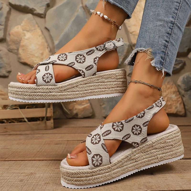 Espadrille-Plateausandalen mit Kreuzriemen für Damen, Böhmische Keilsandalen mit Blumendruck, Damen Sommer Dicke Sohle Lässige Strandschuhe