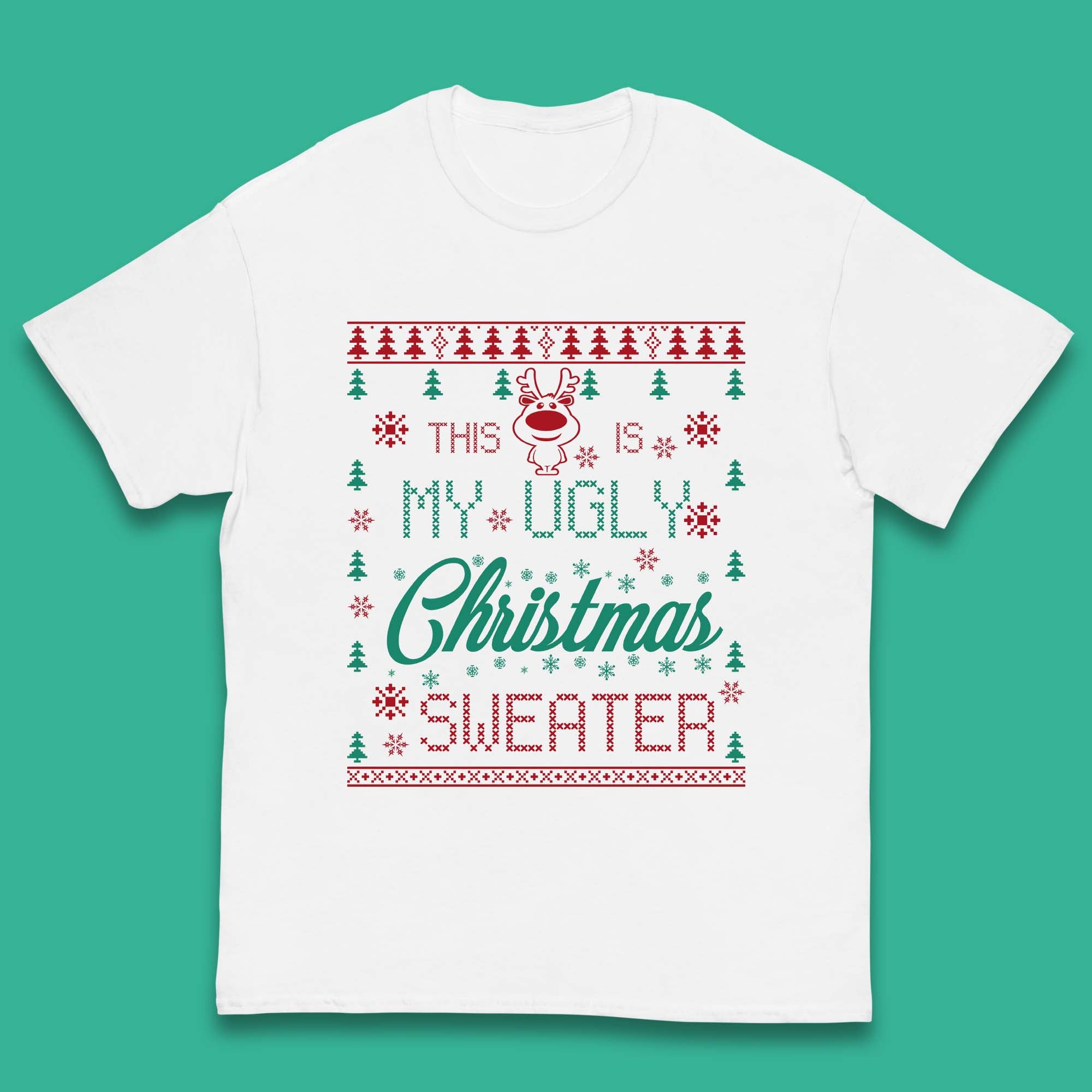 Ugly Christmas Sweater Reindeer Kids T-Shirt 100