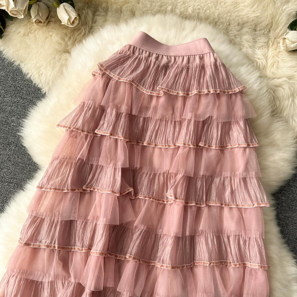 Summer Women Elegant Ruffles Mesh Tulle Cake Long Maxi Skirt