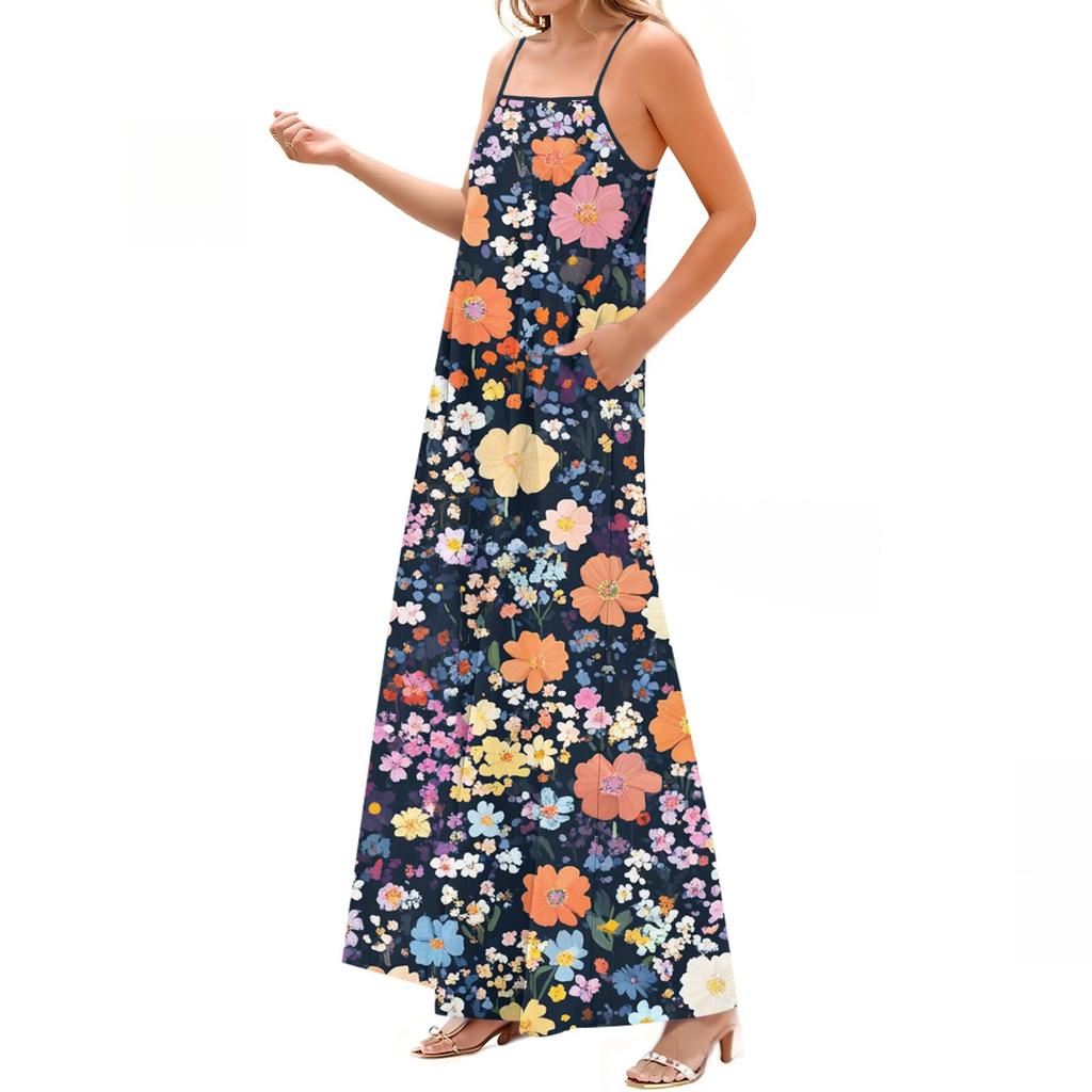 Women's Spring And Summer Casual Fashion Adjustable Suspenders Printed Long Dress