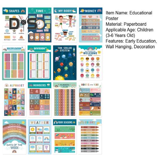 16Pcs/Set Educational Poster Alphabet Number Animal Color Weather Learning Nursery Preschool Kindergarten Early Education Wall Hanging Decoration