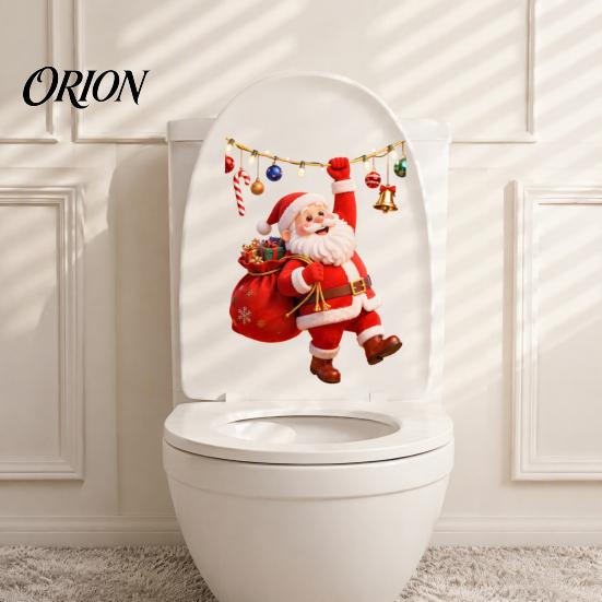 Decorative Glass Stickers for Christmas Cartoon Santa Claus Toilet Seat Sticker, Waterproof PVC & Colorful Wall Lights Decal, Removable Lid