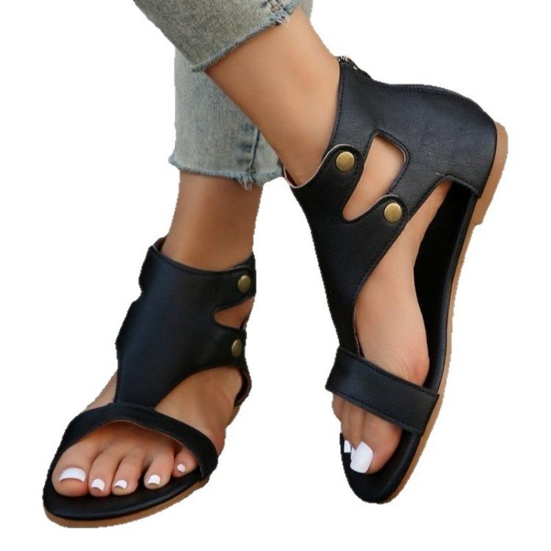 Hollowed-out Shoes with Toe Exposed and Zipped Flat Sandals for Women, Large-sized Retro Sandals