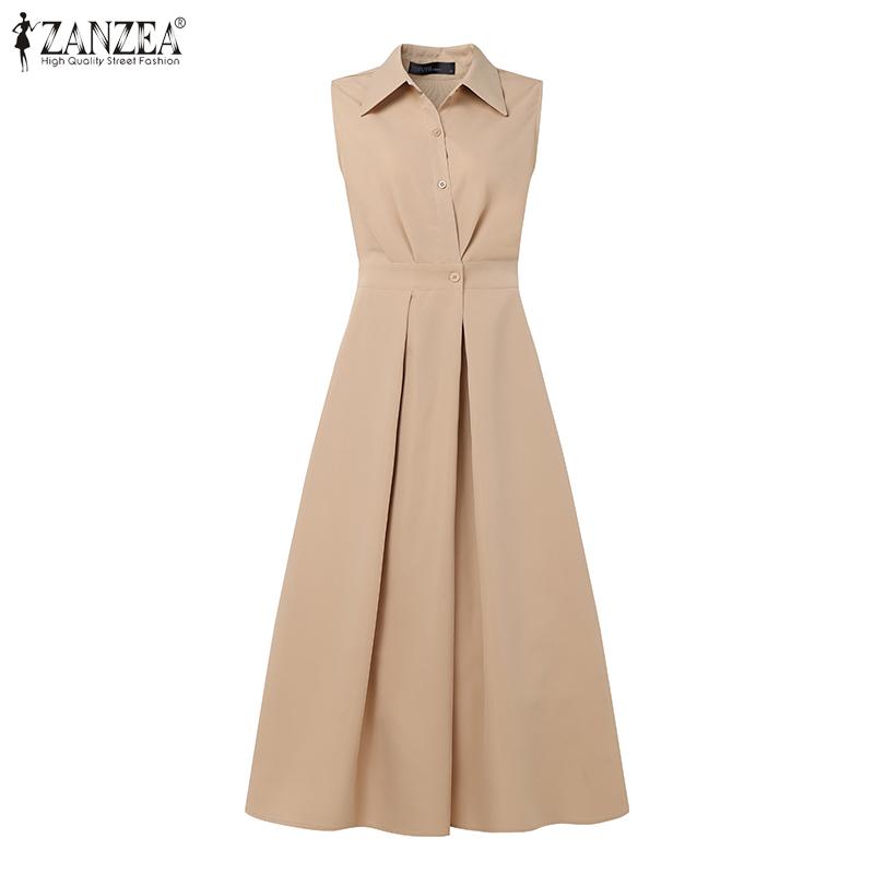 ZANZEA Women Casual Turn Down Collar Loose Summer Sleeveless Dress