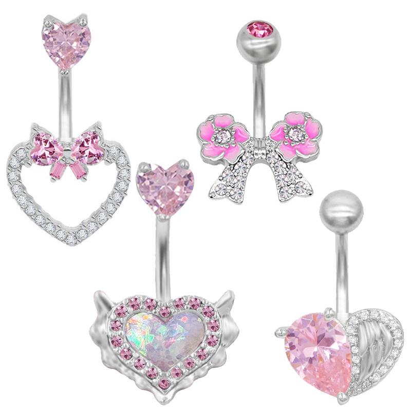 Pink Belly Button Rings Bow Heart Navel Piercing Ring For Women Girls Sexy Body Jewelry Navel Piercing Barbell Gifts