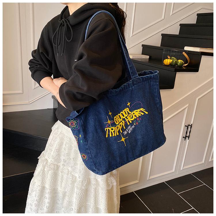 New Japanese Style Denim Tote Bag for Women Large Capacity School Commute Shoulder Handbag Casual Denim Purse